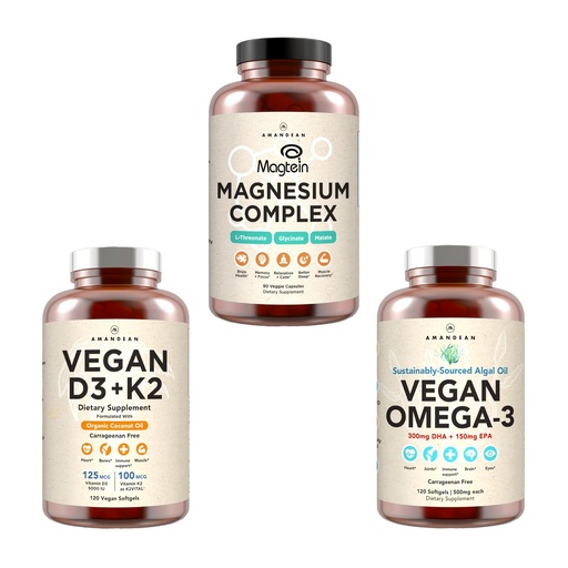 [BRSRAZINCIMQGHLP] AMANDEAN Premium Magnesium Complex, Vegan Omega 3, Vegan D3+K2 Bundle. Plant-Based Immune Support. Algae DHA & EPA. Quality Sleep, Focus & Mood. Support Healthy Heart, Brain, Joints & Eyes