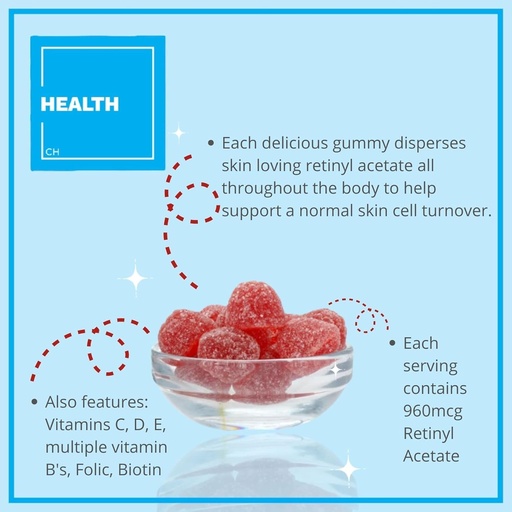 [BRSW2YAEDMJQGA3J] 咨询健康 Regenerol - 多维他命 Retinol Gummy - 抗衰老维生素A补充剂 - 光荣,青春和清皮肤强发和钉子 - 维生素B6,B12,C,D3,叶酸,锌 - 60古米