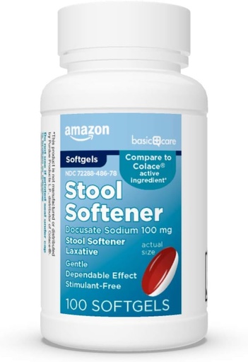 [BRSWGEABDIHAMDYV] Basic Care Stool Softener Laxative, Docusate Sodium 100 mg, Softgels, för förstoppningshjälp, 100 greve