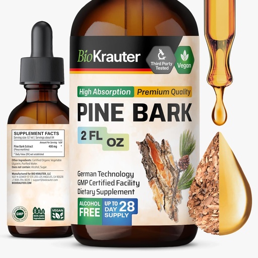 [BRSROGABCABB4HYV] BIO KRAUTER Pine Bark Extract - runsaasti antioksidantteja Liquid Supplement - 400 mg Ranskan Maritime Pine Bark Extract Drops - Vegan, Alkoholiton ja sokeriton - 2 Fl Oz