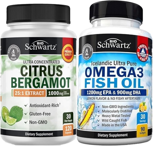 [BRSRABLQOEFRU2D6] Triple Strength Omega 3 Fish Oil Softgels (1 Month Supply) Plus 1000mg Citrus Bergamot Supplement (1 Month Supply)