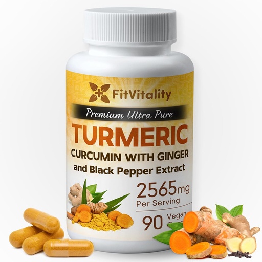 [BRSROGIQBMCW2DLB] Curcumina Turmérica 2565 mg, 90 cápsulas, 95% Curcuminoides " Extracto Pepper Negro BioPerino, Suplemento Turmérico de Fuerza Extra, Todos Naturales " No - GMO, Sin gluten, Cápsulas Veganas