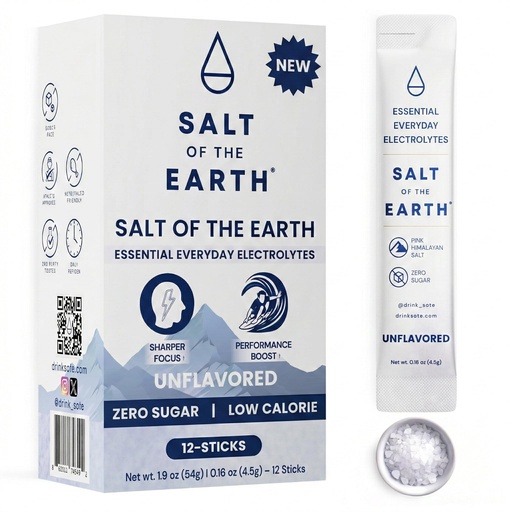 [BRSRAZY2BUIWE2TD] Salt of the Earth Premium Zero-Sugar Electrolyte - Made with Pink Himalayan Salt - Hydration Powder Packets | Premium Ingredients | Keto & Paleo Friendly | 12 Sticks, Unflavored
