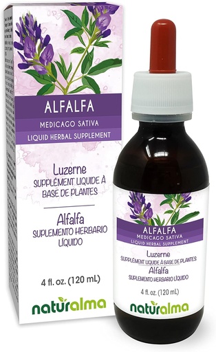 [BRSRMYYEAR7AEDLJ] Naturalma Alfalfa ou Lucerne (Medicago Sativa) herbe avec fleurs Teinture sans alcool - Riche en chlorophylle naturelle - 4 fl oz extrait liquide dans les gouttes - supplément à base de plantes - végétalien