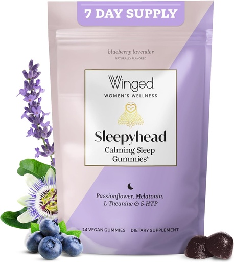 [BRSRMZI7B57RQYDV] Qadınlar üçün Winged Wellness Sleepyhead Natural Sleep Gummies - 3mg Melatonin, L-Theanine, 5-HTP - Natural Gummy Supplement - Blueberry Lavender, 14 Vegan Gummies