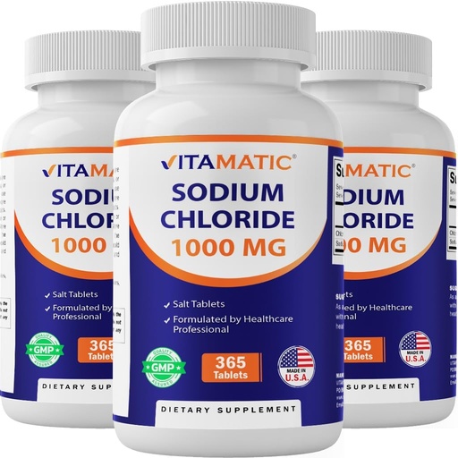 [BRSRAGIEDJ7AED36] Vitamatic Sodium Chloride 1000mg – 365 Tablets Electrolyte Replenisher & Hydration Support – Non-GMO, Gluten-Free -3 Bottles