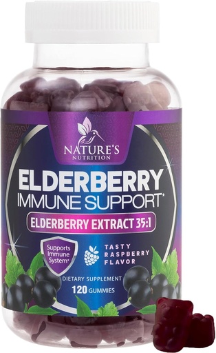 [BRSWYYIYCNYAEFIU] Elderberry Immune Support Gummies - Super Konsentrert 35:1 Ekstrakt, tilsvarende 4200 mg eldrebær - Sambucus Black Elder Berry Vitamin Supplement, Daglig støtte for barn og voksne - 120 Gummies
