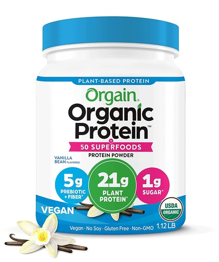 [BRSWGA3YDF5B4FLJ] Orgain Organic Vegan Protein + 50 Superfoods Powder, Vanilla Bean - 21g Plant Based Protein, 8g Prebiotic Fiber, No Lactose Ingredients, Gluten Free, No Added Sugar, 1.12 lb (Packaging May Vary)