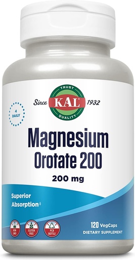 [BRSWIYT3OMAQG3LM] Orotato de magnesio KAL 200 mg, Fórmula de absorción superior, magnesio inflamado para ósos saudables, dentes, nervios e función muscular, Vegetarian, Non-GMO, Gluten gratis, 30 servizos, 120 VegCaps