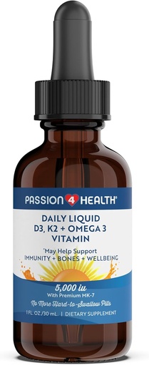 [BRSW2233CEFGODL2] Passion 4 Health Organic Vitamina D3 K2 (Mk-7) + Omega 3 Suplemento - Liquid Vitamina D Drops (5000IU) - Apoio para ósos saudables e músculos