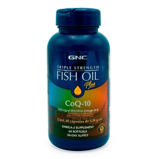 [BRSWGEA2CMNWYCT3] GNC Triple Strength Fish Oil Plus CoQ10 Omega 3 Supplement, 1000mg EPA and DHA, 100mg CoQ10, Heart and Circulatory Health, Plus Skin, Joint, Brain, and Eye, Coated to Control Fishy Burps, 30 Servings