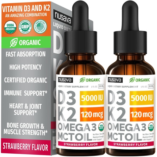 [BRSW2EL3CMHBQFL2] (2 Pack) Organic Vitamin D3 K2 Drops 5000 IU with MCT Oil Omega 3 — Liquid D3, No Fillers, Non-GMO, Immune Support (Strawberry, 2 Fl Oz)