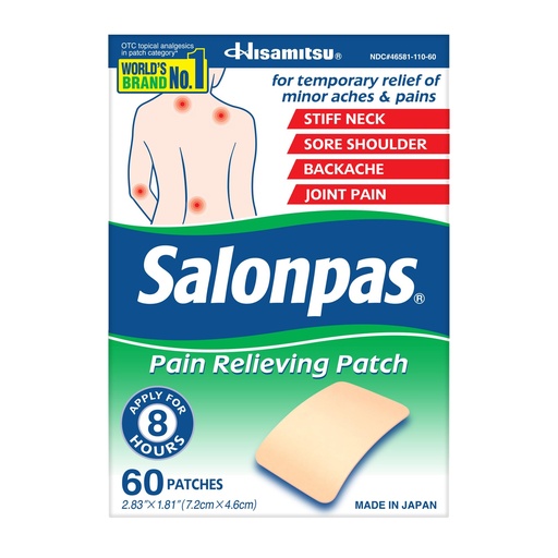 [BRSWKEYLO4OGECLE] Salonpas Pain Relieving Patch for Back, Neck, Shoulder, Knee Pain and Muscle Soreness - 8 Hour Pain Relief - 60 Count