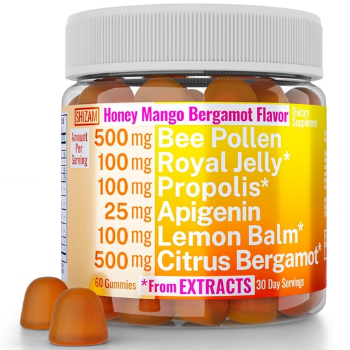 [BRSROGTYPMPRO334] Bee Pollen Apigenin Citrus Bergamot Gummies w Organic Propolis Royal Jelly Honey Lemon Balm Extract, Supplement for Men Kids, Tincture Drops Powder Capsule Herb Capsules Supplements Alt, Pollan Polen