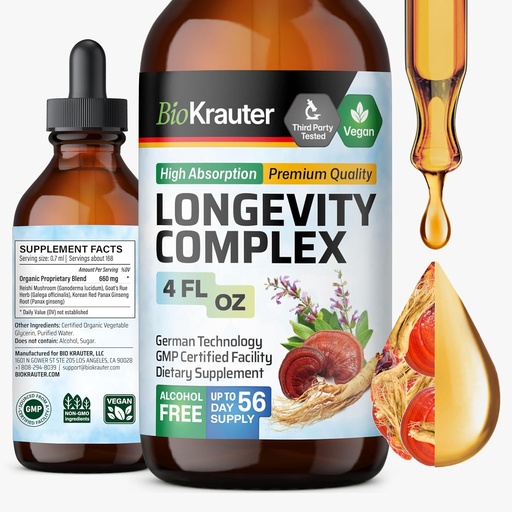 [BRSWYEIEAR4GEFL7] BIO KRAUTER Longevity Mushroom Supplement - Liquid Reishi Mushroom Complex with Goat’s Rue & Red Ginseng Root Extract - Vegan Tincture - Alcohol & Sugar Free Drops 4 Fl.Oz.