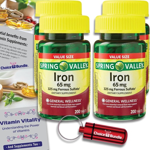 [BRSROADYC4PAIH3J] Spring Valley Iron Tablets Dietary Supplement Value Size 65 mg 200 CT 4 Pk Choice Bundle (800 Total) + Vitamin Vitality Guide & Pill Container (6 Items)!