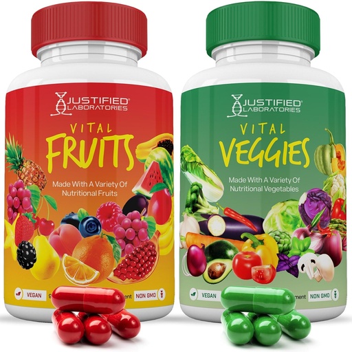 [BRSROYA6BB7ROEQ3] Justified Laboratories (Set of 2 Vital Fruits and Veggies Supplement Red & Green Superfoods Whole Food Non GMO Vegan Friendly 180 Veggie Capsules 2 Bottles