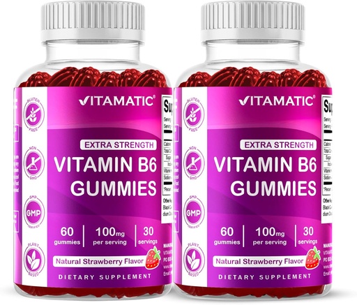 [BRSROZY6OFYAEGTP] Vitamatic 2 Opakowania Witamina B6 100mg Gummies - Naturalny aromat truskawkowy - 60 Pectin- Based Gummies na butelkę - System nerwowy i wsparcie energetyczne