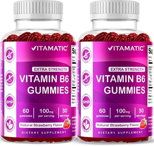 [BRSROZY6OFYAEGTP] Vitamatic 2 Packs Vitamin B6 100mg Gummies – Natural Strawberry Flavor – 60 Pectin-Based Gummies per Bottle – Nervous System & Energy Support