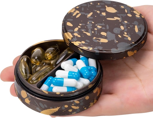 [BRSROHD2AUNRM2DD] Metal Pill Case 2 Compartment Pill Box - Portable Pill Organizer for Pocket or Purse, Waterproof Travel Medicine Vitamin Container to Hold Fish Oil and Supplements Camo