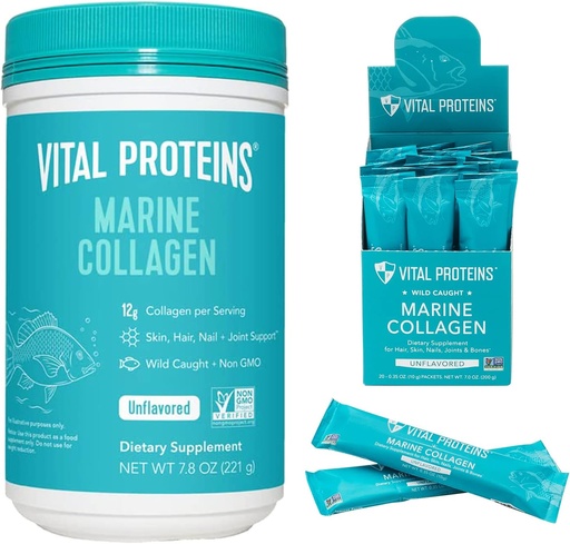 [BRSRMYAHDIIBQCDP] Vital Proteins Marine Collagen Peptides Powder Supplement 7.8 oz Canister + Stick Packs (10 g) (Box of 20)