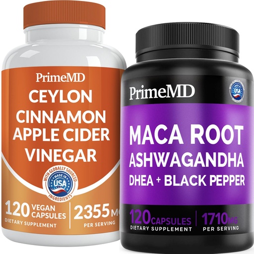 [BRSRMY34AF6WED37] 5-in-1 Ceylon Cinnamon w Apple Cider Vinegar, Turmeric, & Ginseng Root (120ct) & 6-in-1 Maca Root Ashwagandha w DHEA & Black Pepper Fruit (120ct) Bundle - Energy, Mood, & Immune Support Supplement