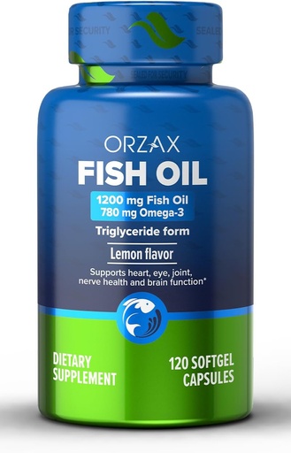 [BRSROYDROYHWE2Y3] ORZAX Omega 3 Fish Oil 1200 mg - EPA DHA Omega 3 Supplement - Promotes Heart, Eye, Joint, Nerve, Immune, Brain and Blood Health - Burpless & Lemon Flavored - Non-GMO - 120 Softgels - 60 Day Supply