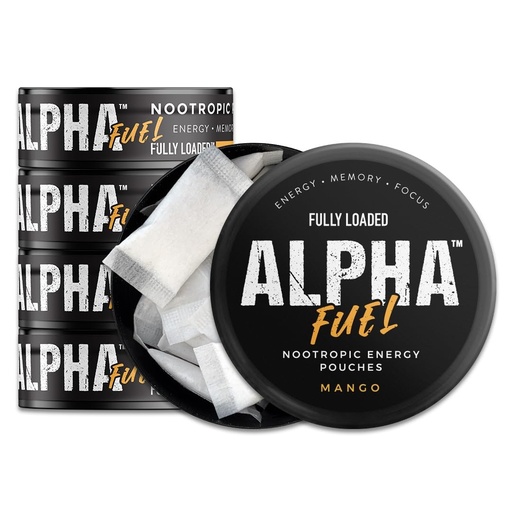 [BRSROED7DIFBUADH] Fully Loaded Alpha Fuel Nootropic Pouches (Mango Fuel) - 5 cans, 15 Pouches per can - Energy Pouches containing Caffeine and nootropic Blend