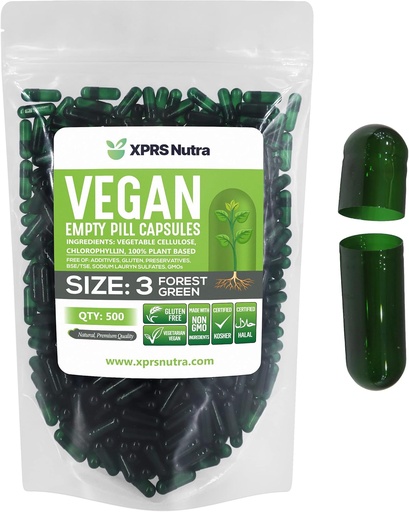 [BRSWYCYHOYMBSELJ] XPRS Nutra Size 3 Empty Capsules - 500 Count Empty Vegan Capsules - Vegetarian Empty Pill - DIY Vegetable Capsule Filling - Veggie Pill Caps (Forest Green)