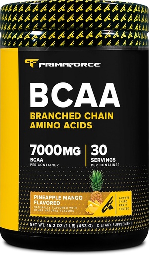 [BRSROHQNDEIA2HLK] Primaforce BCAA Powder (Pineapple Mango) (30 Servings) - 7000MG 2:1:1 BCAAs, Post-Workout Recovery Drink with Amino Acids and Real Salt for Men & Women