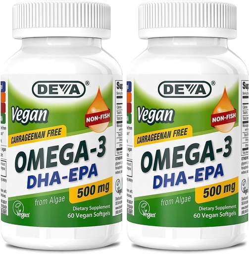 [BRSRA2Q5DENR62TV] DEVA VAGAN Omega-3 DHA-EPA 500MG 2-Pack – No Carrageenan,非鱼油衍生自藻类,Non-GMO,60 Gelatin-Free Softgels Ea