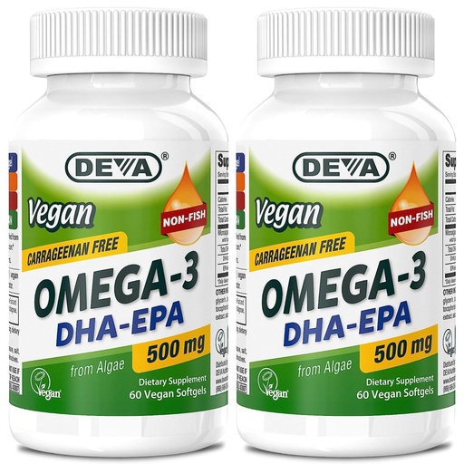 [BRSRA2Q5DENR62TV] DEVA Vegan Omega-3 DHA-EPA 500MG 2-Pack – No Carrageenan, Non-Fish Oil Derived from Algae, Non-GMO, 60 Gelatin-Free Softgels Ea