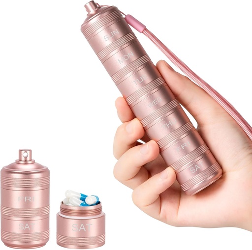 [BRSRAZQTAAJQYFYZ] Portable Metal Pill Medicine Organizer - Waterproof Pill Case Compact Travel Pill Box Weekly Aluminum Alloy Container, 7 Day Daily Pill Organizer Holder for Small Pills, Pink S