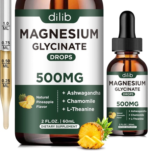 [BRSROYLRBMIBM2YY] Magnesium Glycinate 500 mg - flytende magnesiumdråper, Ashwagandha, L - teanin, kamille - rolig og stress relief, avslapping, hvilefull søvn, muskel hjerte helse, vegan - 2 Fl Oz (30 dager)