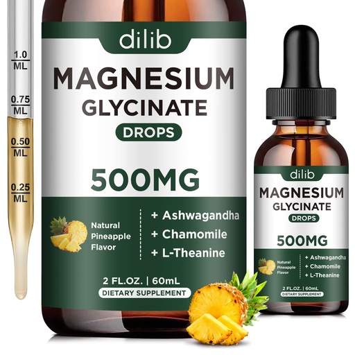 [BRSROYLRBMIBM2YY] Magnesium Glycinate 500mg - Liquid Magnesium Drops, Ashwagandha, L - Theanine, Chamomile - Calm & Stress Relief, Relaxation, Restful Sleep, Muscle Heart Health, Vegan - 2 Fl Oz (30 Days)