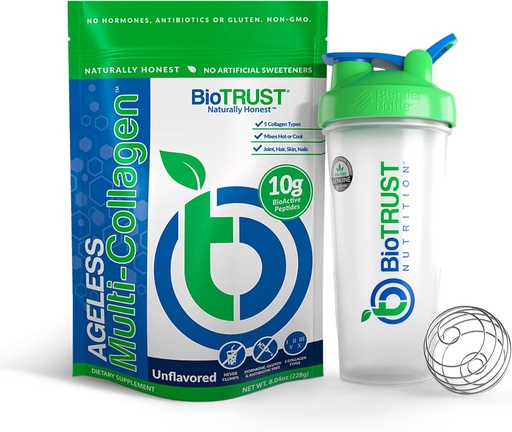 [BRSRMAIZAAFGOYI6] BioTrust Ageless Multi Collagen 5-in-1 Protein Powder (Unflavored) BlenderBottle Bundle