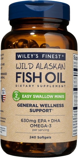 [BRSWYAI7OUCRQA3J] Wiley's Finest Wild Alaskan Fish Oil Easy Swallow Minis - Omega-3 Fish Oil Supplement for Adults and Kids - Double-Strength 630mg EPA and DHA Natural Supplement - 240 Mini Softgels (120 Servings)