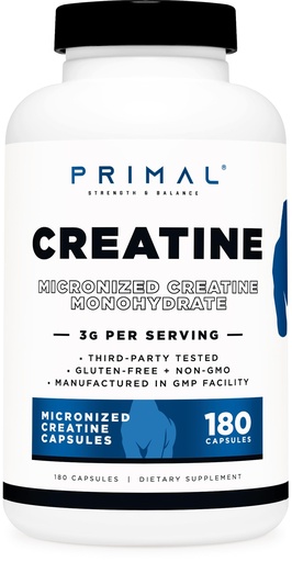 [BRSROHANAQCRE3L3] Primal Creatine Monohydrate (3,000 Mg, 180 Caps) - Micronized Creatine Supplement, 750mg Per Capsule, Great for Preworkout and Recovery - Gluten-Free, Non-GMO