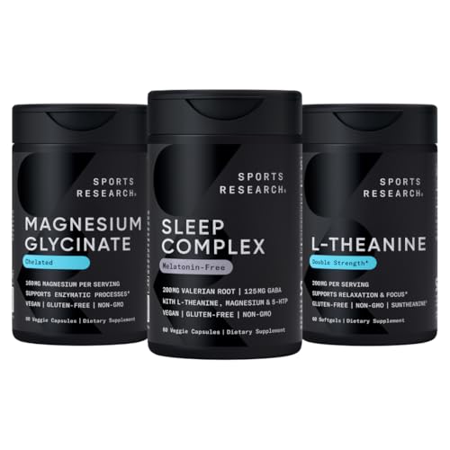 [BRSRAHQFCF7BEGTB] Sports Research® De-Stress & Sleep Bundle - Melatonin-Free Sleep Complex, Double Strength L-Theanine Supplement and 160 mg Chelated Magnesium Glycinate for Focus, Relaxation & Sleep Support