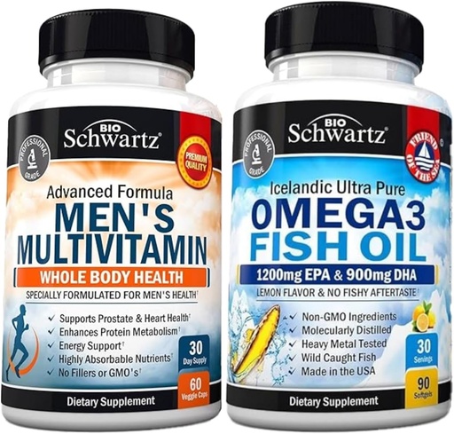 [BRSRAAAOAUIRGAI4] Advanced Daily Men's Multivitamin with Vitamin C A B D3 E and Zinc (1 Month Supply) Plus Triple Strength Omega 3 Fish Oil Softgels (1 Month Supply)