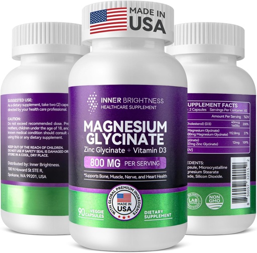 [BRSRAZDQBEBWEYLF] Magnesium Glycinate - Magnesium Supplement with Zinc & Vitamin D3 for Immune, Bone & Muscle Support and Heart Health - Non-GMO, Gluten-Free, Gentle on Stomach - 90 Vegetarian Capsules