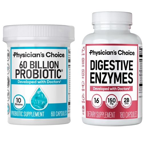 [BRSROAQCCUGRMH3X] Physician's CHOICE - Optimal Gut Health Bundle: 60 Billion Probiotic 60ct + Digestive Enzyme 180ct for Digestive Comfort and Immune Support - Value Bundle