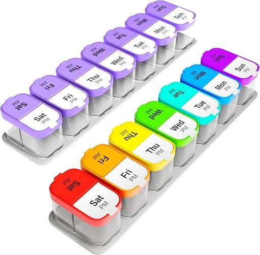 [BRSRABTQBV5RQFL5] Extra Large Weekly Pill Organizer Set - 2 XL Vitamin Holders with 7 Detachable AM PM Compartments - dispensador fiable de medicina para el hogar y el viaje, Big Supplement Container, Rainbow & Purple/White
