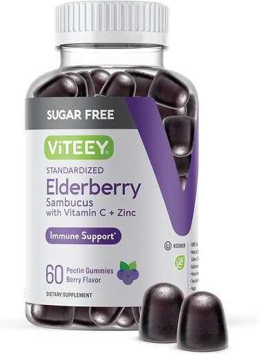 [BRSRMGT4PJ5G2YL5] VITEEY Sambucus Elderberry Gummies for Adults & Teens + Zinc & Vitamin C - Sugar Free - Immune Support & Booster Herbal Supplement - Vegan, Gluten Free, Gelatin Free, GMO Free, Chewable Berry Flavored