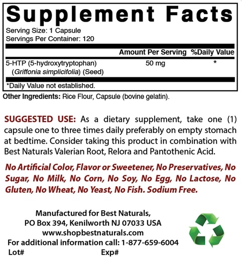 [BRSRMBIZBYORUEL3] Natural onenak 5-HTP 50 mg eta Magnesium Glycinate 425 mg