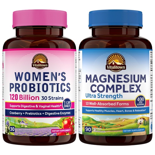 [BRSRAA3YO4PWAGTX] Vitalitown Magnesium + Probiotic Bundle (Pack of 2) | 10-in-1 Magnesium Complex & Women’s Probiotics 120 Billion CFUs | 90 Magnesium Caps & 30 Probiotic Caps