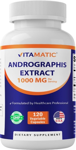 [BRSRAAIBOBYAICL7] Vitamatic Andrographis Extract 1000 mg Per Serving - 120 Veg Capsules - 20X Extract, 100% Vegetarian, All-Natural, Gluten Free, Non-GMO