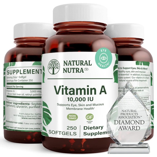 [BRSWGHAOC4MGEAD4] Natural Nutra Vitamin A 10,000 IU Softgels – High Potency Eye and Skin Vitamins – Gluten-Free Vitamin A Supplement for Sight & Skin Health – Fish Liver Oil for Men and Women, Gluten Free, 250 Softgels