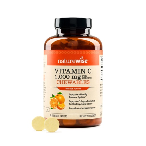 [BRSROBDQOZ6AEFDA] NatureWise Extra Strength Vitamin C Chewable 1000mg for Adults - Natural Orange Flavor - Immune System & Antioxidant Support - Non-GMO, Vegan & Sugar Free - 90 Chewable Tablets[45-Day Supply]