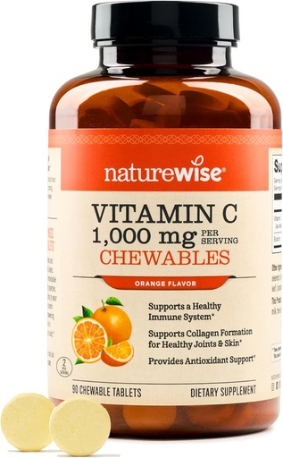 [BRSROBDQOZ6AEFDA] NatureWise Extra Strength Vitamin C Chewable 1000mg for Adults - Natural Orange Flavor - Immune System & Antioxidant Support - Non-GMO, Vegan &amp; Sugar Free - 90 Chewable Tablets[45-Day Supply]